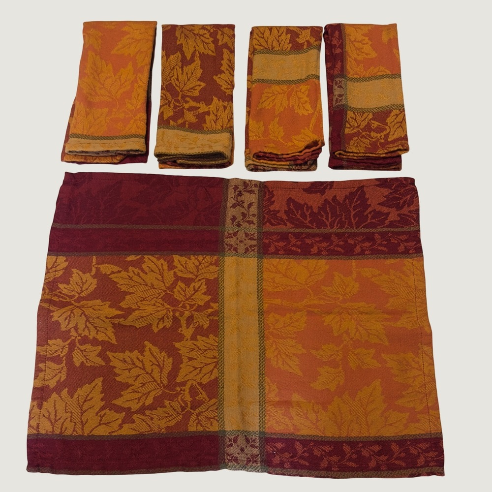 Autumn Leaf Jacquard Placemat and Napkin Set 5pc Burgundy Orange Gold Fall Decor